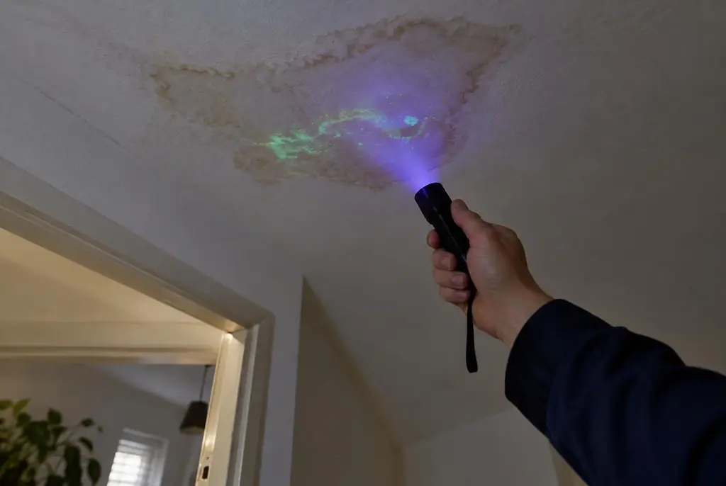 Lekdetectie Blaricum – kleurstof controleren op het plafond met uv-licht