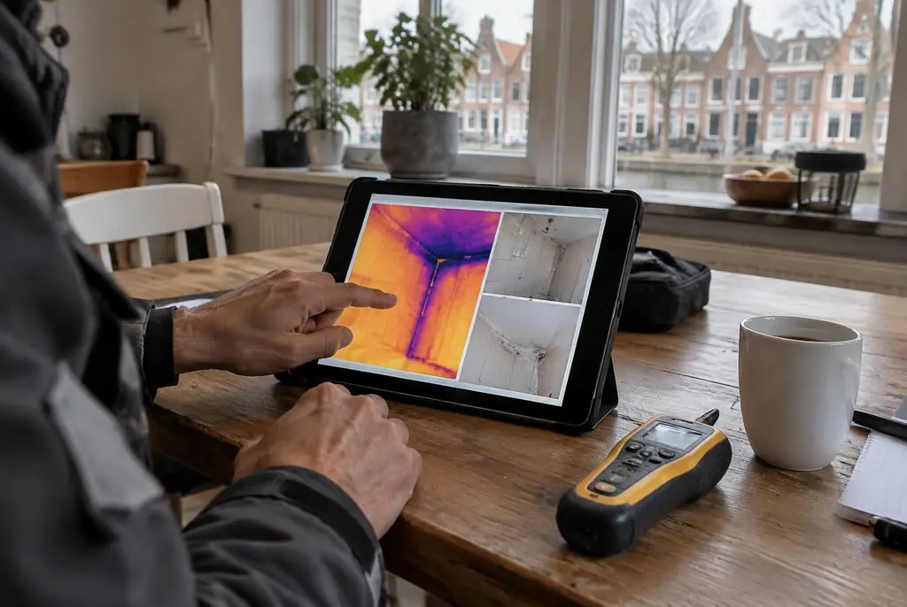 Lekdetectie Blaricum – lekdetectierapport met warmtebeelden en foto's op een tablet