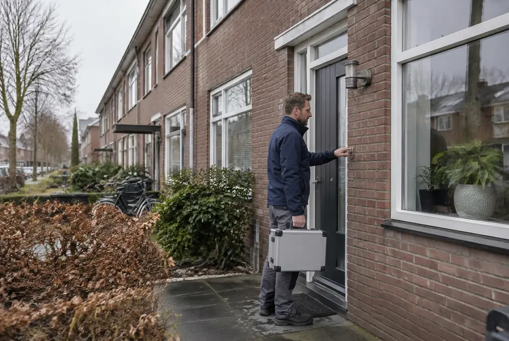 Lekdetectiespecialist met meetkoffer bij de voordeur van een woning in Blaricum